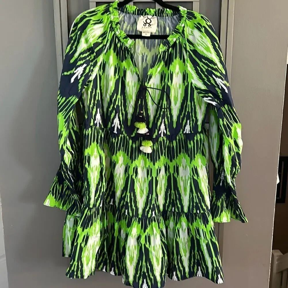Figue Bella Green and navy cotton long sleeve dress with tassel size M